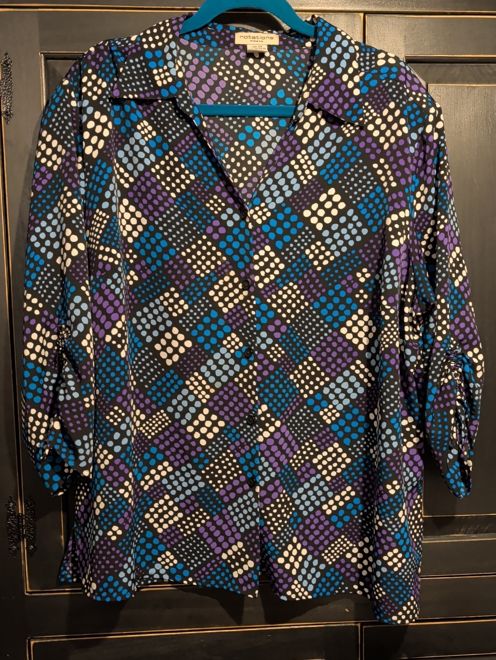 Notations Black Blouse with Blue, Purple & White Dot Plaid